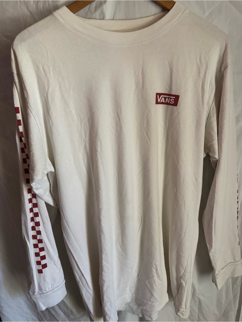 Vans White Long Sleeve Tee with Red Logo and Sleeve Checkers